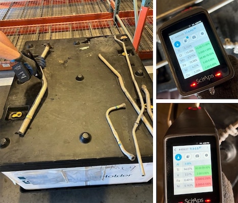 Metal scrap being scanned, and the scanning results on a device screen.