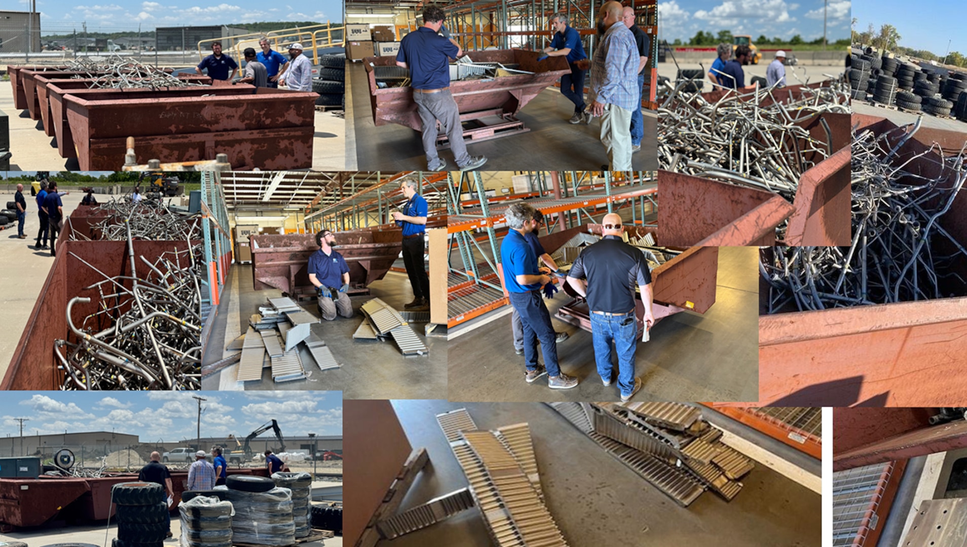 Various photos of scrap being examined by people.