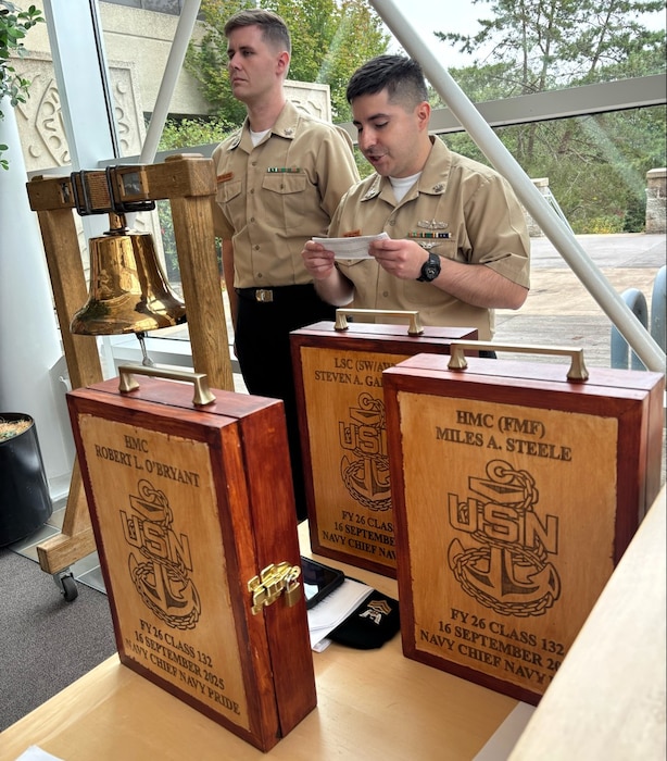 A tolling reminder for those lost… Navy Medicine Readiness and Training Command Bremerton chief petty officer selectees coordinated a remembrance ceremony for those lost in the 9/11 terrorist attacks 24 years ago. It was on September 11, 2025, that 19 militants associated with the Islamic extremist group Al Qaeda hijacked four airplanes and carried out suicide attacks against targets in the United States. Two of the planes were flown into the twin towers of the World Trade Center in New York City, a third plane hit the Pentagon just outside Washington, D.C., and the fourth plane crashed in a field near Shanksville, Pennsylvania. “Almost 3,000 people were killed. This is to remember those who we have lost and those who paid the ultimate sacrifice.  We will never forget,” recited Chief Hospital Corpsman (Select) Lee Halls. The command’s quarterdeck bell echoed throughout the somber morning, on 8:46 a.m., 9:03 a.m., 9:37 a.m., 9:59 a.m., and 10:03 a.m. here with Chief Logistics Specialist (Select) Steven Gardiner (right) noting at that specific moment, four hijackers crashed Flight 93 in a field near the town of Shanksville in Somerset County, Pennsylvania, after passengers and crew storm the cockpit. “The 33 passengers and seven crew members on board were killed. The crash site is approximately 20 minutes’ flying time from Washington, D.C.,” said Chief Logistics Specialist (Select) Steven Gardiner. The bell sounded one final note at 10:28 a.m., for the North Tower which collapsed after burning for [approximately] one hour and 42 minutes (Official Navy photo by Douglas H Stutz, NHB/NMRTC Bremerton public affairs officer).