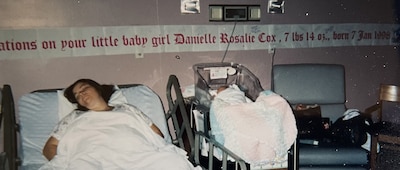 Lt. Danielle Acosta (baby in bassinet) with mom, Tina Cox, in the L&D unit at Naval Hospital Jacksonville, January 1998. Acosta currently serves a nurse in the same unit and just delivered her daughter here last month.