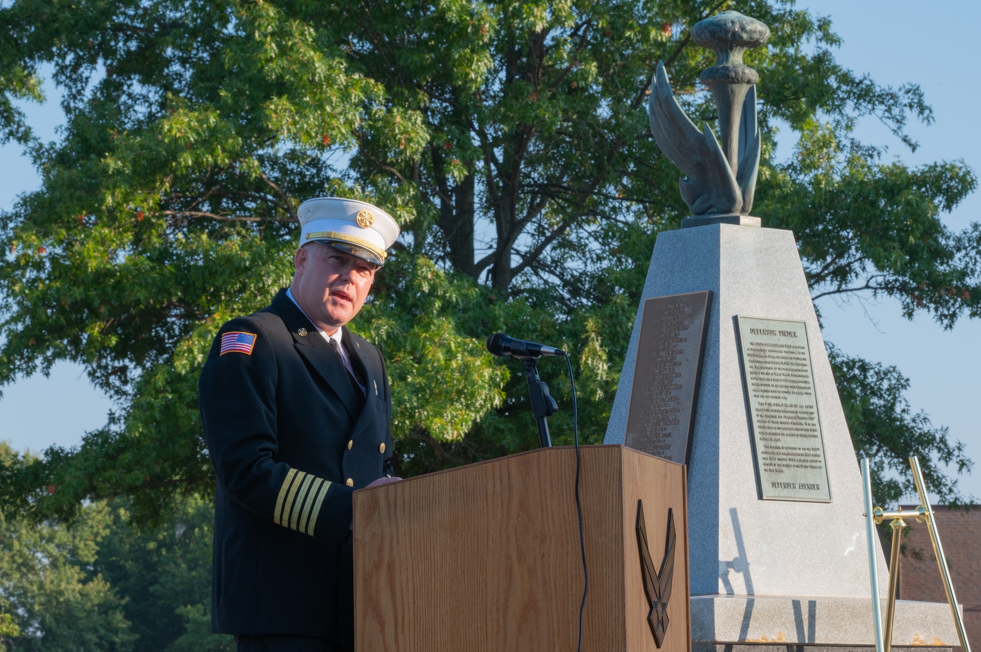 William O’Meara, 509th Civil Engineering Squadron fire chief, speaks during a 9/11 remembrance ceremony at Whiteman Air Force Base, Missouri, Sept. 11, 2025. The ceremony commemorated those who lost their lives during the attack on Sept. 11, 2001.  (U.S. Air Force photo by Senior Airman Joseph Garcia)