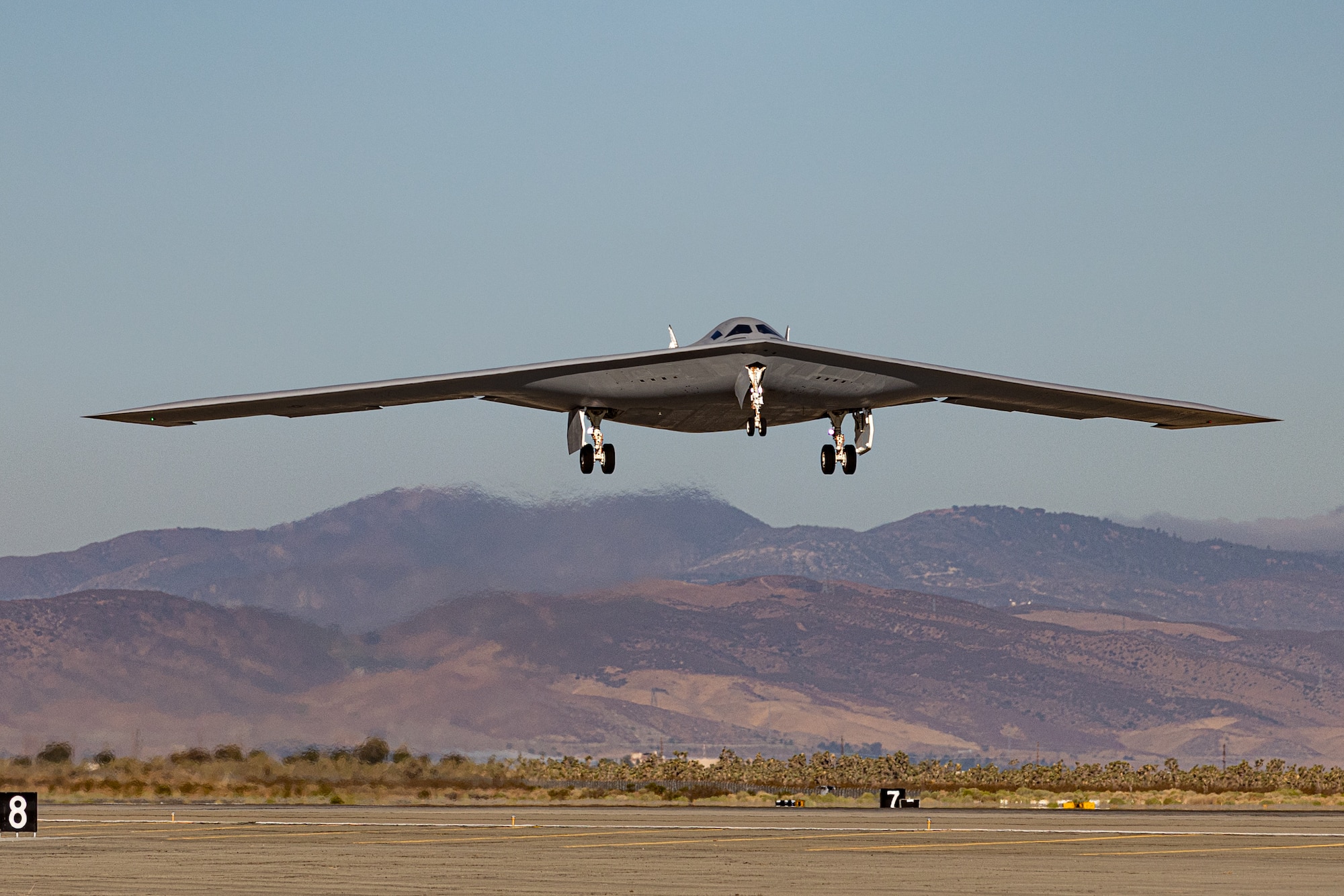 A second B-21 Raider test aircraft takes off, Sept. 11, from Palmdale, Calif., to join the Air Force’s flight test campaign at Edwards Air Force Base, Calif. The addition of the second test aircraft expands mission systems and weapons integration testing, advancing the program toward operational readiness. (Courtesy photo)