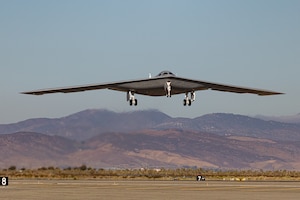 A second B-21 Raider test aircraft takes off, Sept. 11, from Palmdale, Calif., to join the Air Force’s flight test campaign at Edwards Air Force Base, Calif. The addition of the second test aircraft expands mission systems and weapons integration testing, advancing the program toward operational readiness. (Courtesy photo)