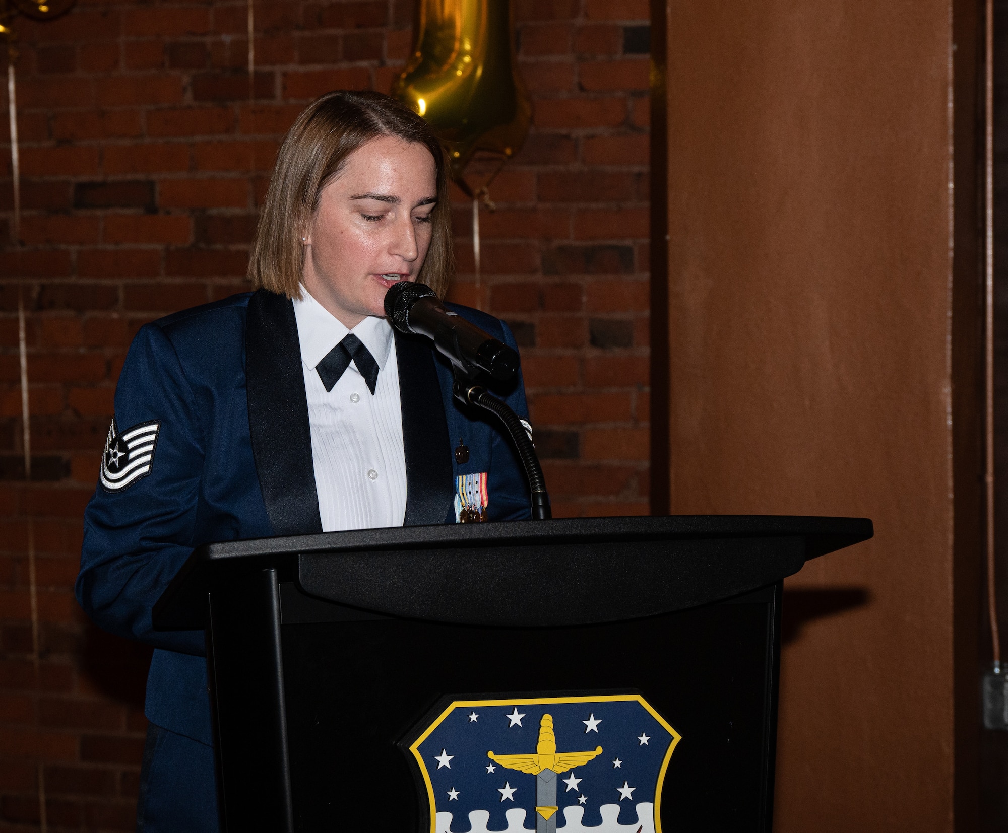 A woman gives a speech