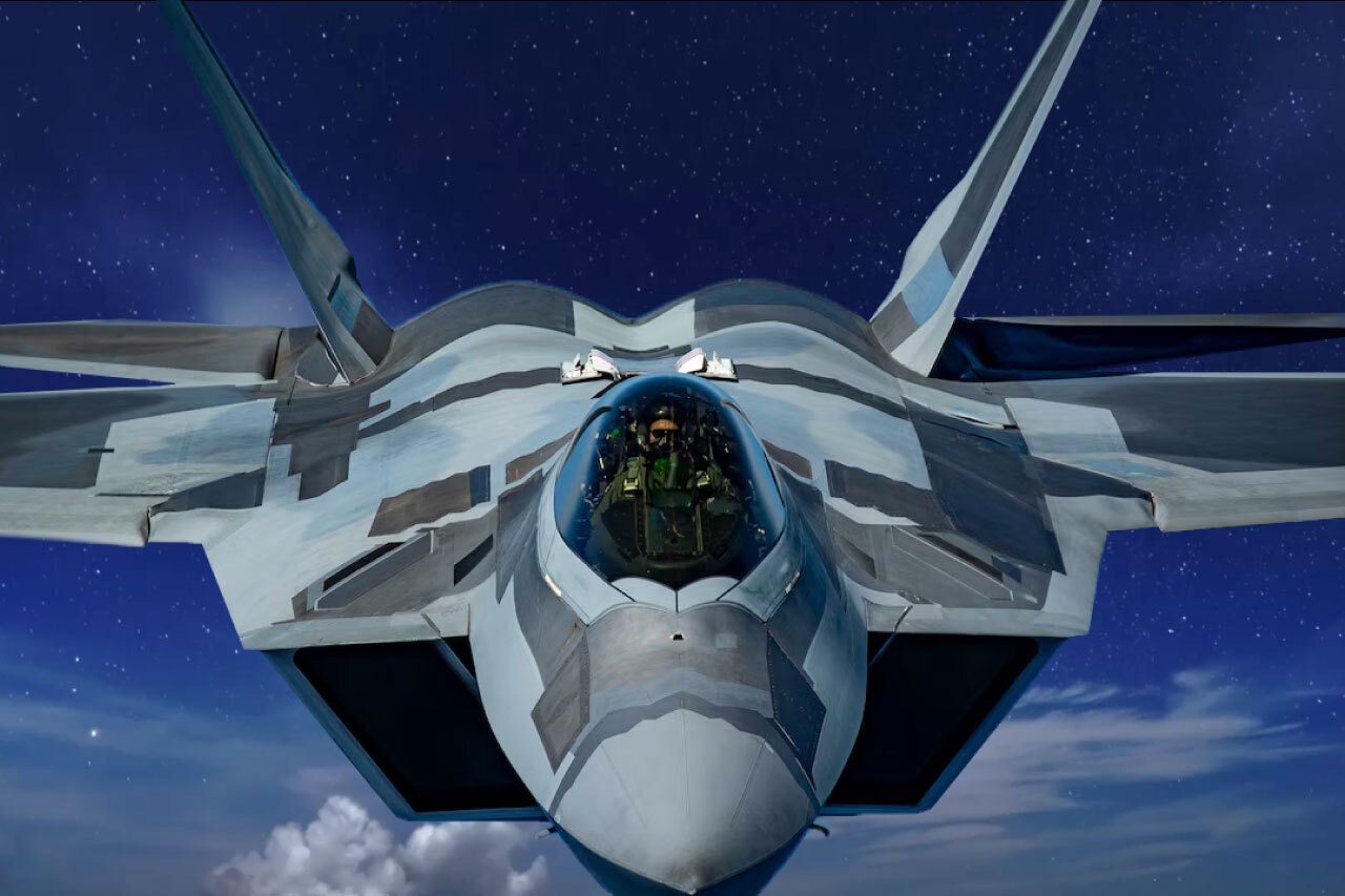 In a graphic, an airman pilots a military aircraft placed on a darkened sky background.