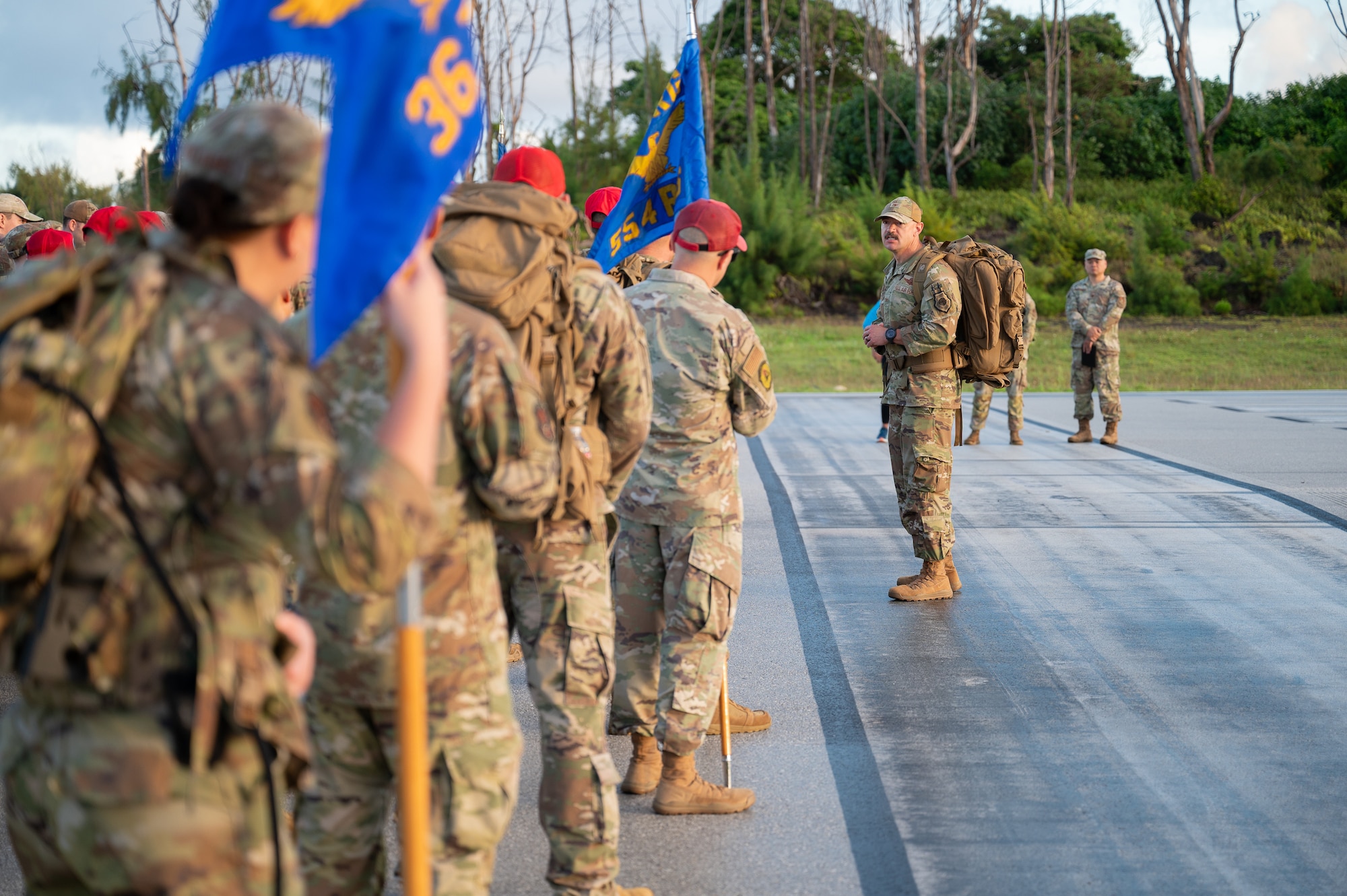 U.S. Air Force Col. Andrew Miller, 36th Contingency Response Group commander, gives a speech before a 9/11 Memorial Ruck at Andersen Air Force Base, Guam, Sept. 11, 2025.