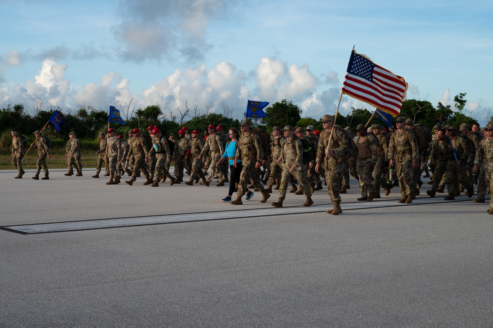 Service members participate in a 9/11 Memorial Ruck at Andersen Air Force Base, Guam, Sept. 11, 2025.
