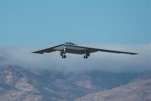 A second B-21 Raider, the nation’s sixth-generation stealth bomber, joins flight testing at Edwards Air Force Base, Calif., Sept. 11. The program is a cornerstone of the Department of the Air Force’s nuclear modernization strategy, designed to deliver both conventional and nuclear payloads. (Courtesy photo)
