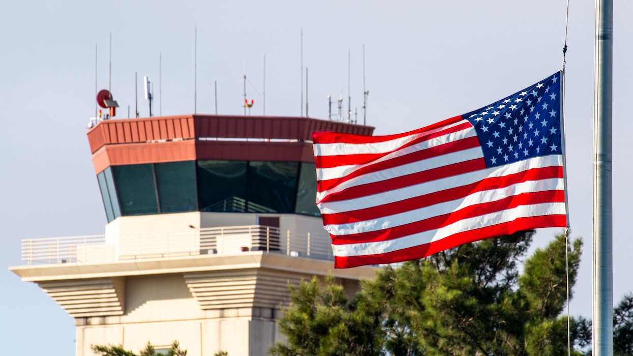 U.S. flag waves in the wind