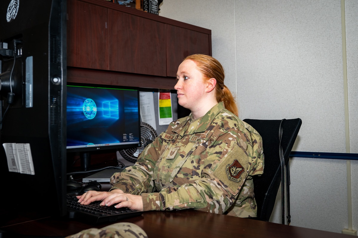 U.S. Air Force Tech. Sergeant. Sarah Rodrigues, 35th Maintenance Group training management element chief, works on her computer at Misawa Air Base, Japan.