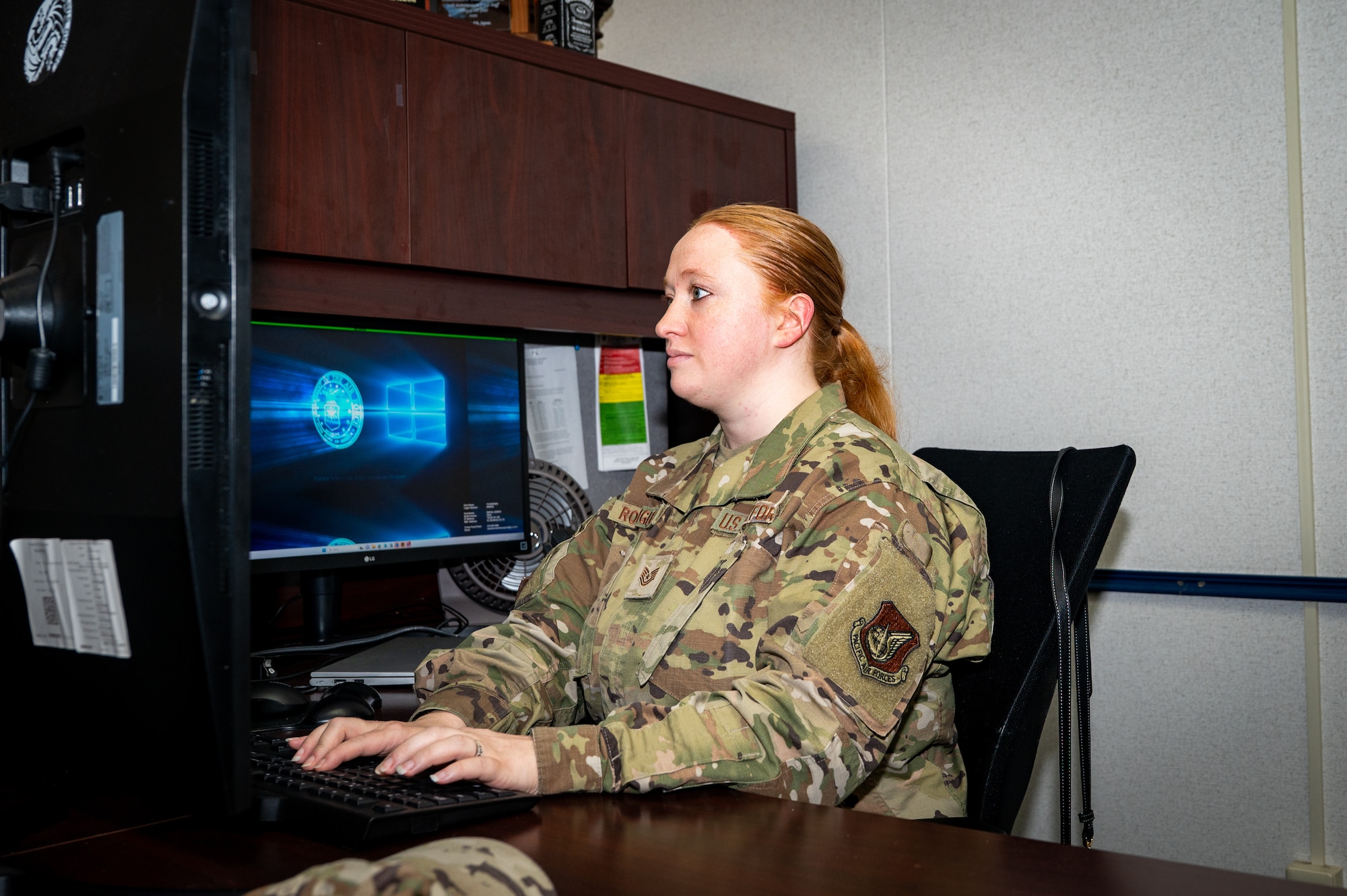 U.S. Air Force Tech. Sergeant. Sarah Rodrigues, 35th Maintenance Group training management element chief, works on her computer at Misawa Air Base, Japan.