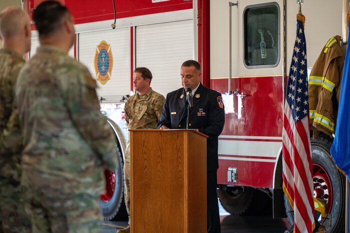 U.S. Airmen listen as a guest speaker shares remarks during a 9/11 Remembrance Event at Beale Air Force Base, California, Sept. 11, 2025. Beale hosted the event to honor the victims of the attacks and pay tribute to those who made the ultimate sacrifice. (U.S. Air Force photo by Airman 1st Class Chelsea Arana)