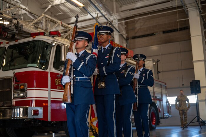U.S. Airmen listen as a guest speaker shares remarks during a 9/11 Remembrance Event at Beale Air Force Base, California, Sept. 11, 2025. Beale hosted the event to honor the victims of the attacks and pay tribute to those who made the ultimate sacrifice. (U.S. Air Force photo by Airman 1st Class Chelsea Arana)