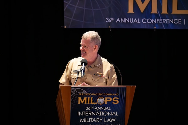 Adm. Samuel J. Paparo, commander of U.S. Indo-Pacific Command, delivers keynote remarks at the 36th annual international Military Law and Operations strategic engagement to leaders from more than 30 nations during a four-day discussion in Honolulu, Hawaii, Sept. 8, 2025.