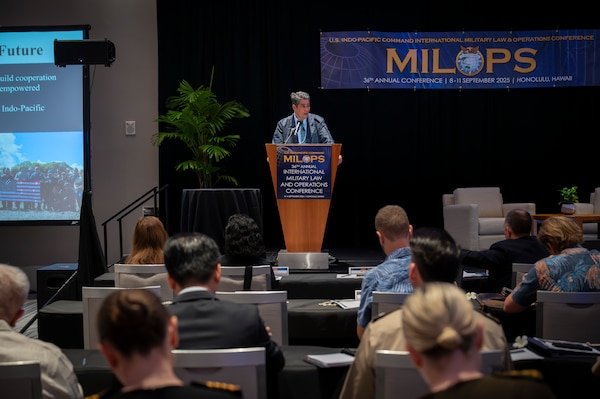 President of Palau Surangel Whipps Jr. delivers keynote remarks at the 36th annual international Military Law and Operations strategic engagement to leaders from more than 30 nations during a four-day discussion in Honolulu, Hawaii, Sept. 8, 2025.
