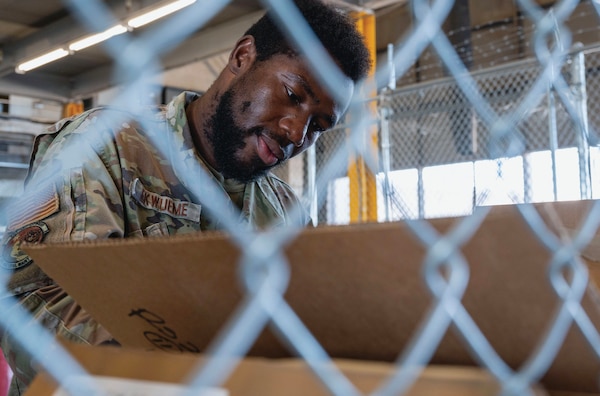Air Force Senior Airman Uchenna Ekwueme, 635th Materiel Maintenance Support Squadron cargo movement technician, processes inbound
shipment at Holloman Air Force Base, New Mexico, September 18, 2024 (U.S. Air Force/Nicholas Paczkowski)