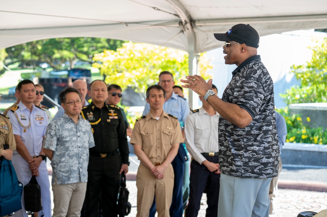 Dwayne Mosbey, administrative officer for the National Memorial Cemetery of the Pacific, dictates the historic background of the cemetery to Indo-Pacific regional leaders from more than 30 nations during the 36th annual international Military Law and Operations strategic engagement in Honolulu, Hawaii, Sept. 9, 2025.