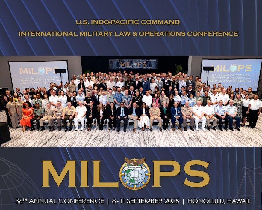 Indo-Pacific regional leaders from more than 30 nations join together for a group photo during the 36th annual international Military Law and Operations strategic engagement in Honolulu, Hawaii, Sept. 8, 2025.