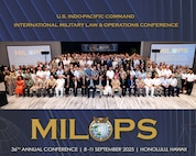 Indo-Pacific regional leaders from more than 30 nations join together for a group photo during the 36th annual international Military Law and Operations strategic engagement in Honolulu, Hawaii, Sept. 8, 2025.