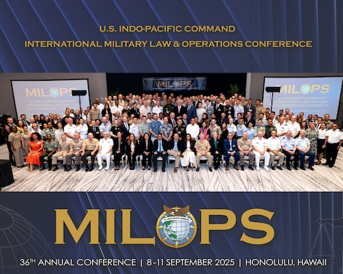 Indo-Pacific regional leaders from more than 30 nations join together for a group photo during the 36th annual international Military Law and Operations strategic engagement in Honolulu, Hawaii, Sept. 8, 2025.