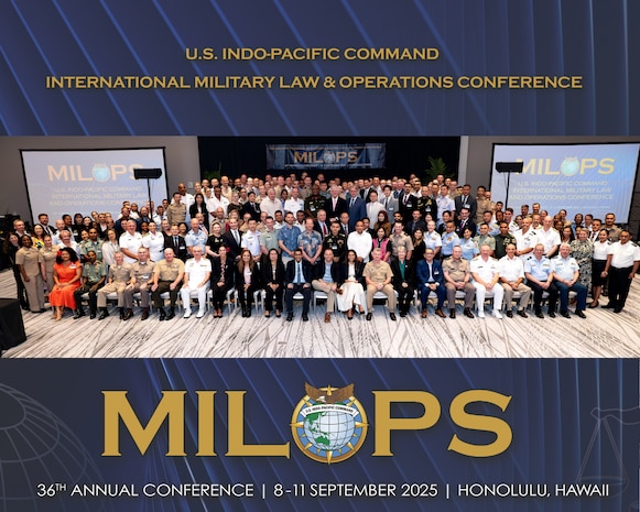 Indo-Pacific regional leaders from more than 30 nations join together for a group photo during the 36th annual international Military Law and Operations strategic engagement in Honolulu, Hawaii, Sept. 8, 2025.