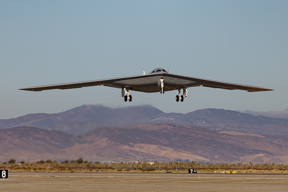 A second B-21 Raider test aircraft takes off, Sept. 11, from Palmdale, Calif., to join the Air Force’s flight test campaign at Edwards Air Force Base, Calif. The addition of the second test aircraft expands mission systems and weapons integration testing, advancing the program toward operational readiness. (Courtesy photo)