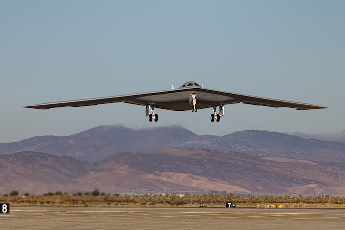 A second B-21 Raider test aircraft takes off, Sept. 11, from Palmdale, Calif., to join the Air Force’s flight test campaign at Edwards Air Force Base, Calif. The addition of the second test aircraft expands mission systems and weapons integration testing, advancing the program toward operational readiness. (Courtesy photo)