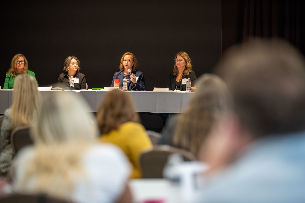 Ms. Catherine Sumner, Ms. Jodi Pierri, Ms. Jennifer Morgan
Ms. Tracy Patrick engages with Wright-Patt Junior Force Leadership Symposium attendees to talk about their experiences and give insights into leadership on Sept. 4, 2025, at Wright-Patterson Air Force Base, Ohio. The council focuses on developing Air Force leaders through professional development, leadership, service, and networking opportunities. (U.S. Air Force photo by Jack Gardner)