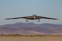 A second B-21 Raider test aircraft takes off, Sept. 11, from Palmdale, Calif., to join the Air Force’s flight test campaign at Edwards Air Force Base, Calif. The addition of the second test aircraft expands mission systems and weapons integration testing, advancing the program toward operational readiness. (Courtesy photo)