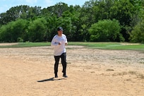 Col. Joshua Garrison, 960th Cyberspace Wing commander, participates in a 40,000-mile challenge during a run at the Medina Chapman Fitness Center on Joint Base San Antonio-Lackland, Texas, Sept. 2, 2025.