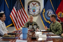 OKINAWA, Japan (Sept. 10, 2025) Rear Adm. Tom Shultz, commander, Task Force (CTF) 76, right, briefs Adm. Steve Koehler, commander, U.S. Pacific Fleet, center, on command operations during Koehler’s visit to CTF 76 on White Beach Naval Facility, Okinawa, Sept. 10. Koehler’s visit to Okinawa underscored the Pacific Fleet’s commitment to integrated maritime operations alongside the U.S. Marine Corps and highlighted ongoing efforts to strengthen forward-deployed readiness, joint force interoperability, and regional partnerships in support of a free and open Indo-Pacific. Within the U.S. 7th Fleet area of operations, CTF 76 is responsible for conducting expeditionary warfare operations with Navy and Marine Corps capabilities to support theater contingencies that range from crisis response to full combat operations. (U.S. Navy photo by Mass Communication Specialist 2nd Class Danilo Reynoso)