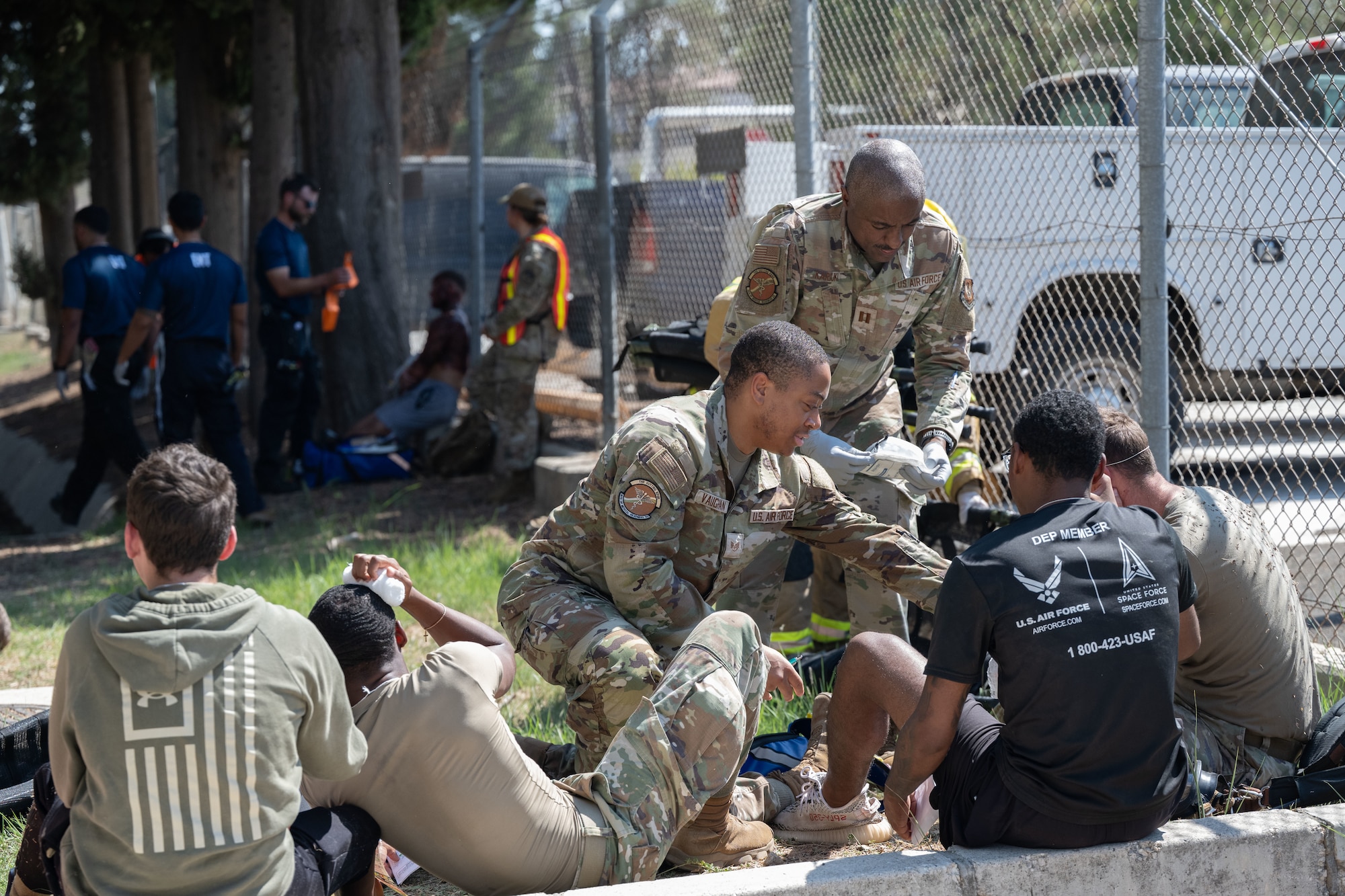 39th Medical Group Airmen render aid to casualties during Exercise Titan Shield 25-09 at Incirlik Air Base, Türkiye, Sept. 10, 2025. The mass casualty portion of the exercise tested Airmen’s ability to deliver fast, coordinated care under pressure, demonstrating their readiness to support the mission during crisis conditions. (U.S. Air Force photo by Senior Airman Greydon Furstenau)