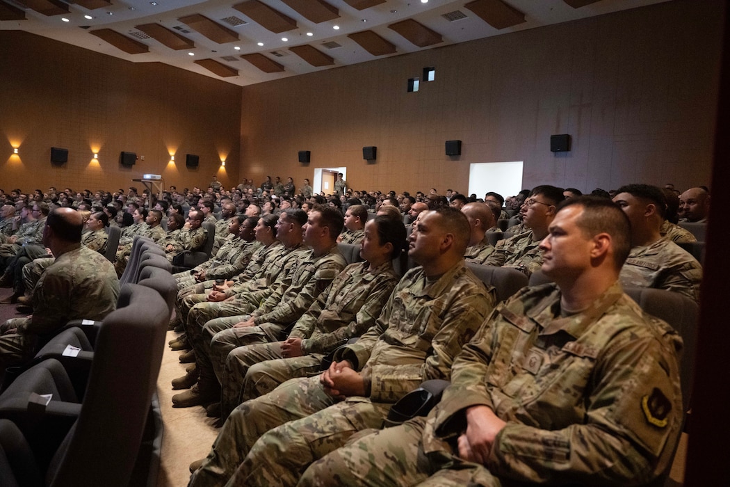 Airmen assigned to the 39th Air Base Wing listen to an all-call briefing at Incirlik Air Base, Türkiye, Sept. 4, 2025. The event marked the launch of preparations for exercise Titan Shield 25-09, aligning personnel on mission expectations, safety protocols, and operational objectives to ensure readiness for decisive response during the upcoming exercise. (U.S. Air Force photo by Senior Airman Greydon Furstenau)