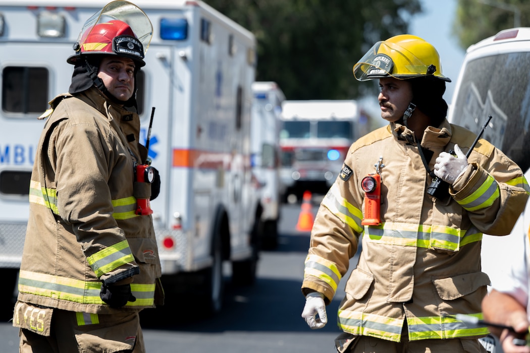 39th Civil Engineer Squadron firefighters arrive on scene during Exercise Titan Shield 25-09 at Incirlik Air Base, Türkiye, Sept. 10, 2025. The mass casualty portion of the exercise tested Airmen’s ability to deliver fast, coordinated care under pressure, demonstrating their readiness to support the mission during crisis conditions. (U.S. Air Force photo by Senior Airman Greydon Furstenau)