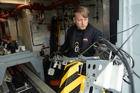 Petty Officer 2nd Class Ivan Ionkin, assigned to the Estonian Navy Sandown-class mine countermeasures (MCM) vessel ENS Sakala (M314), prepares a SeaFox for MCM training during Sea Breeze 25-2.