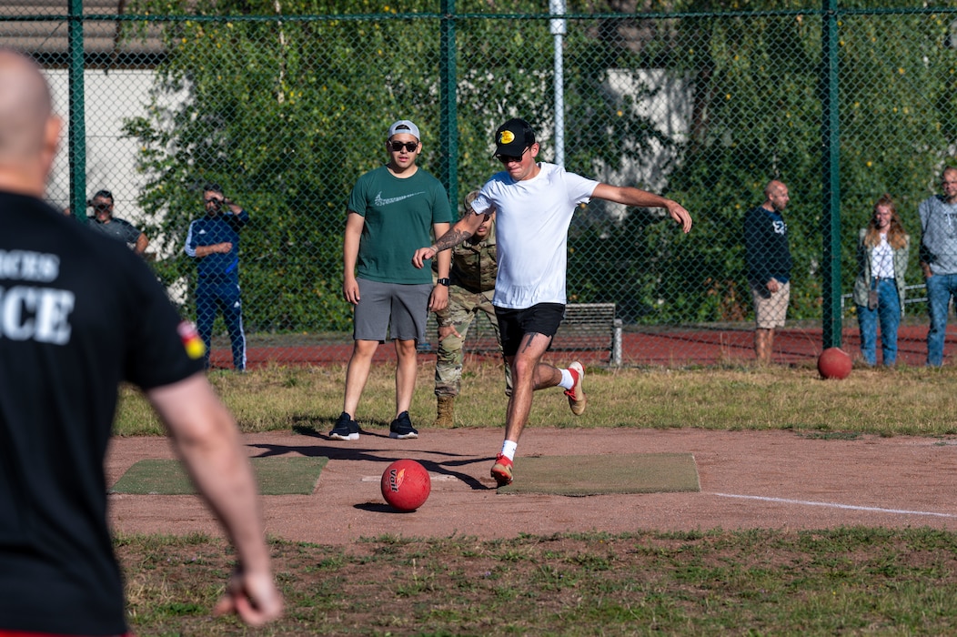 U.S. Airmen play a game of kickball.