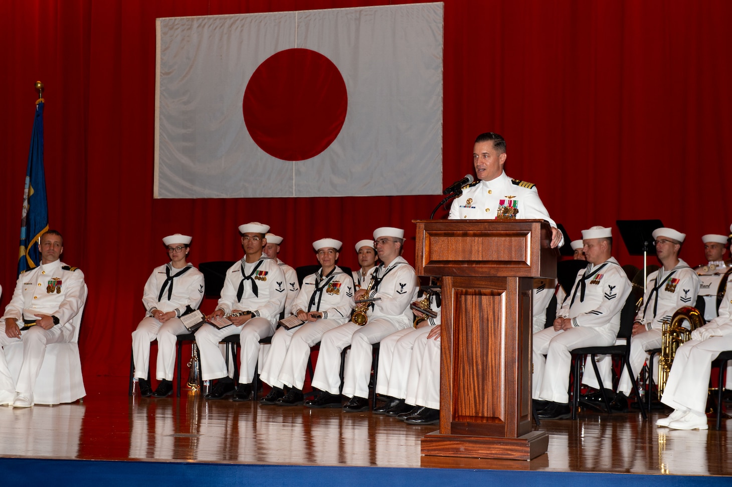 Capt. Nicholas DeLeo, outgoing commanding officer of U.S. 7th Fleet flagship USS Blue Ridge (LCC 19), speaks to attendees during the Blue Ridge change of command ceremony at Commander, Fleet Activities Yokosuka, Sept. 5, 2025. The Blue Ridge and embarked U.S. 7th Fleet staff conduct regular Indo-Pacific patrols to deter aggression, strengthen alliances and partnerships, and advance future warfighting capabilities. (U.S. Navy photo by Mass Communication Specialist 2nd Class Adam Craft)
