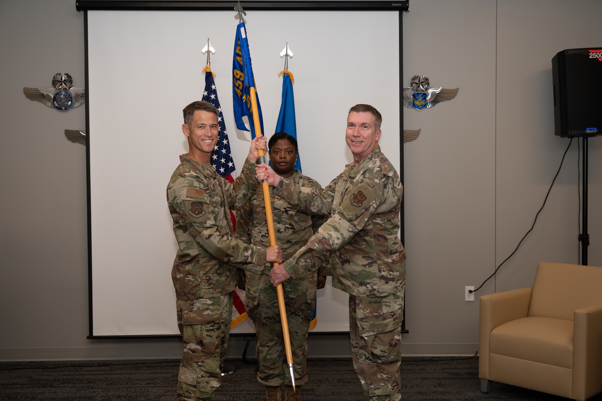Col. William Gitchell (right) assumed command of the 459th Aeromedical Staging Squadron on Sep. 7, 2025, at the 459th Air Refueling Wing, Joint Base Andrews, Md., during the Squadron's assumption of command ceremony. Col. Michael Masuda, 459th Air Refueling Wing Commander, was the presiding official. Prior to Col. Gitchell's appointment to the 459th ASTS, he was the Commander of the 943rd Aerospace Medicine Squadron, Davis-Monthan Air Force Base, Ariz. (U.S. Air Force photos by Senior Airman Alexcia Givens)