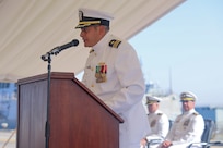 NAVAL STATION ROTA, Spain - (August 07, 2025) Cmdr. Arturo Trejo, Commanding Officer of the Arleigh Burke-class guided-missile destroyer USS Bulkeley (DDG 84), gives remarks during his change of command ceremony, August 7, 2025. As the "Gateway to the Mediterranean,” NAVSTA Rota provides U.S, NATO and allied forces a strategic hub for operations in Europe, Africa and the Middle East. NAVSTA Rota is a force multiplier, capable of promptly deploying and supporting combat-ready forces through land, air and sea, enabling warfighters and their families, sustaining the fleet and fostering the U.S. and Spanish partnership. (U.S. Navy photo by Mass Communication Specialist 2nd Class Jonathan Nye)