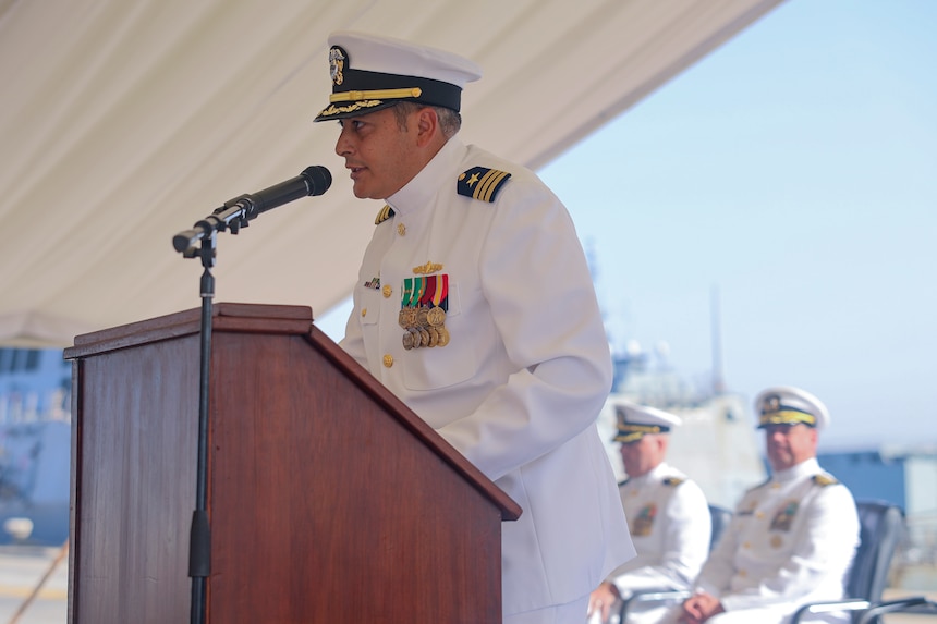 NAVAL STATION ROTA, Spain - (August 07, 2025) Cmdr. Arturo Trejo, Commanding Officer of the Arleigh Burke-class guided-missile destroyer USS Bulkeley (DDG 84), gives remarks during his change of command ceremony, August 7, 2025. As the "Gateway to the Mediterranean,” NAVSTA Rota provides U.S, NATO and allied forces a strategic hub for operations in Europe, Africa and the Middle East. NAVSTA Rota is a force multiplier, capable of promptly deploying and supporting combat-ready forces through land, air and sea, enabling warfighters and their families, sustaining the fleet and fostering the U.S. and Spanish partnership. (U.S. Navy photo by Mass Communication Specialist 2nd Class Jonathan Nye)