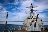 DANISH STRAITS – (Aug. 27, 2025) The Arleigh Burke-class guided-missile destroyer USS Bulkeley (DDG 84) transits under the Great Belt Bridge in the Danish straits, Aug. 27, 2025. USS Bulkeley is on a scheduled deployment in the U.S. 6th Fleet area of operations to support the warfighting effectiveness, lethality, and readiness of U.S. Naval Forces Europe-Africa, and defend U.S., Allied and partner interests in the region. (U.S. Navy photo by Mass Communications Specialist Petty Officer 2nd Class Jonathan P. Nye)