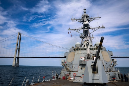 DANISH STRAITS – (Aug. 27, 2025) The Arleigh Burke-class guided-missile destroyer USS Bulkeley (DDG 84) transits under the Great Belt Bridge in the Danish straits, Aug. 27, 2025. USS Bulkeley is on a scheduled deployment in the U.S. 6th Fleet area of operations to support the warfighting effectiveness, lethality, and readiness of U.S. Naval Forces Europe-Africa, and defend U.S., Allied and partner interests in the region. (U.S. Navy photo by Mass Communications Specialist Petty Officer 2nd Class Jonathan P. Nye)