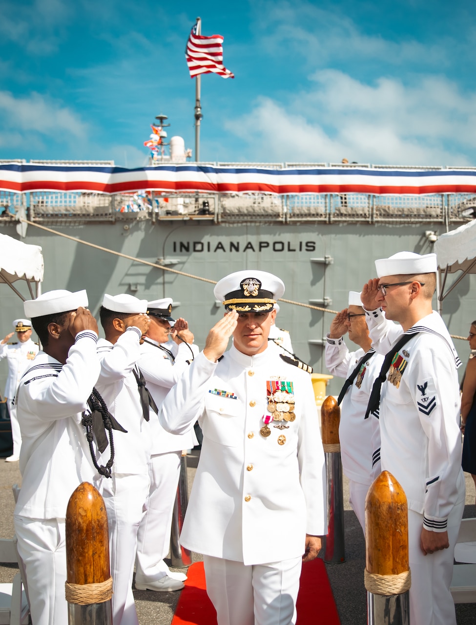 NAVAL STATION MAYPORT, Fla. (Sept. 10, 2025) - Cmdr. Matthew D. Arndt, outgoing commanding officer, USS Indianapolis (LCS 17)), salutes as he departs a change of command ceremony where he was relieved by Cmdr. Timothy J. Orth as the ship’s commanding officer at Naval Station Mayport, Sept. 10, 2025. USS Indianapolis (LCS 17) is a Freedom-variant littoral combat ship designed for speed, agility, and mission flexibility in near-shore and open-ocean operations.(U.S. Navy photo by Mass Communication Specialist 1st Class Brandon J. Vinson)