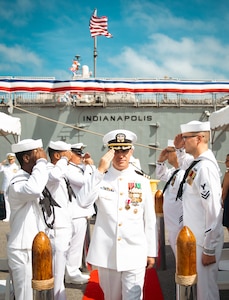 NAVAL STATION MAYPORT, Fla. (Sept. 10, 2025) - Cmdr. Matthew D. Arndt, outgoing commanding officer, USS Indianapolis (LCS 17)), salutes as he departs a change of command ceremony where he was relieved by Cmdr. Timothy J. Orth as the ship’s commanding officer at Naval Station Mayport, Sept. 10, 2025. USS Indianapolis (LCS 17) is a Freedom-variant littoral combat ship designed for speed, agility, and mission flexibility in near-shore and open-ocean operations.(U.S. Navy photo by Mass Communication Specialist 1st Class Brandon J. Vinson)