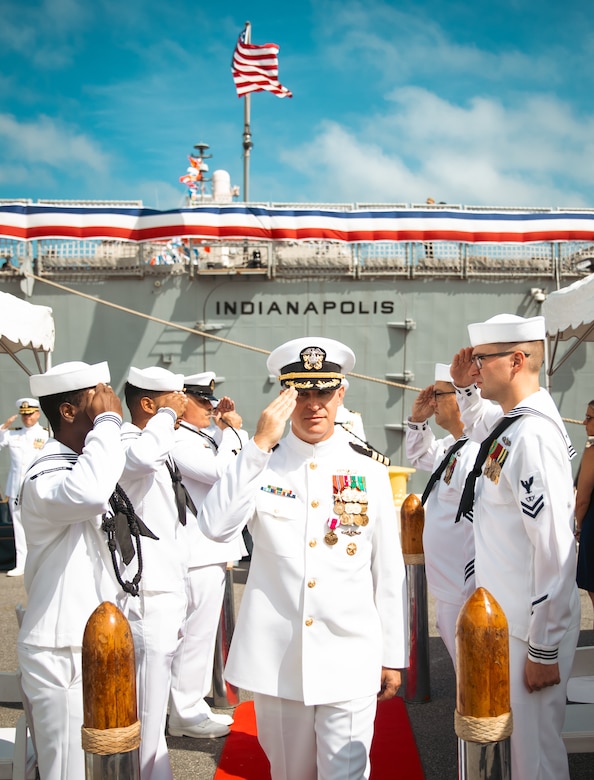 NAVAL STATION MAYPORT, Fla. (Sept. 10, 2025) - Cmdr. Matthew D. Arndt, outgoing commanding officer, USS Indianapolis (LCS 17)), salutes as he departs a change of command ceremony where he was relieved by Cmdr. Timothy J. Orth as the ship’s commanding officer at Naval Station Mayport, Sept. 10, 2025. USS Indianapolis (LCS 17) is a Freedom-variant littoral combat ship designed for speed, agility, and mission flexibility in near-shore and open-ocean operations.(U.S. Navy photo by Mass Communication Specialist 1st Class Brandon J. Vinson)