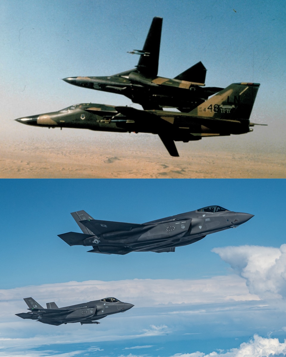 Graphic depicting two F-111’s from the 48th Tactical Fighter Wing during Operation Desert Storm (top) and two F-35A Lightning II’s from the 48th Fighter Wing at Royal Air Force Lakenheath, United Kingdom.