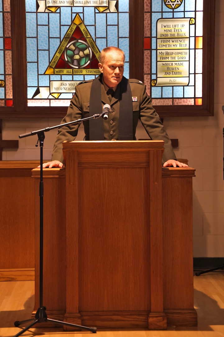 U.S. Army Lt. Col. Jonathan Robertson, state chaplain for the Wisconsin National Guard, addresses the attendees of the organizations first official change of stole ceremony at the newly renovated Memorial Chapel on Camp Williams, near Camp Douglas, Wisconsin, Sept. 3, 2025. During the event, Robertson replaced U.S. Army Col. Mark Brooks as the state’s most senior chaplain leader. (U.S. National Guard photo by Paul Gorman)
