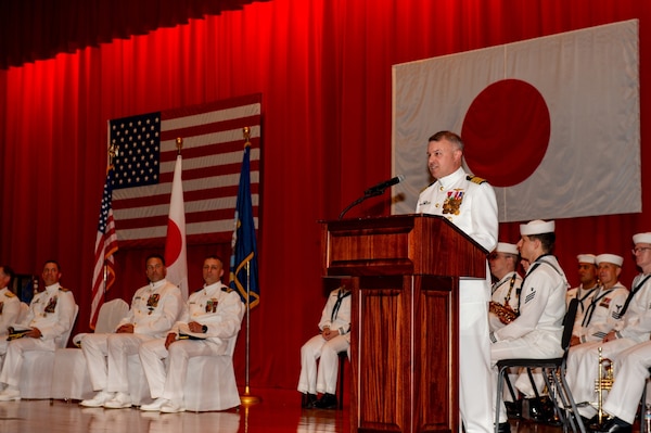 Capt. Louis Catalina, commanding officer of the U.S. 7th Fleet flagship USS Blue Ridge (LCC 19), speaks to attendees during the Blue Ridge change of command ceremony at Commander, Fleet Activities Yokosuka, Sept. 5, 2025. The Blue Ridge and embarked U.S. 7th Fleet staff conduct regular Indo-Pacific patrols to deter aggression, strengthen alliances and partnerships, and advance future warfighting capabilities. (U.S. Navy photo by Mass Communication Specialist 2nd Class Adam Craft)