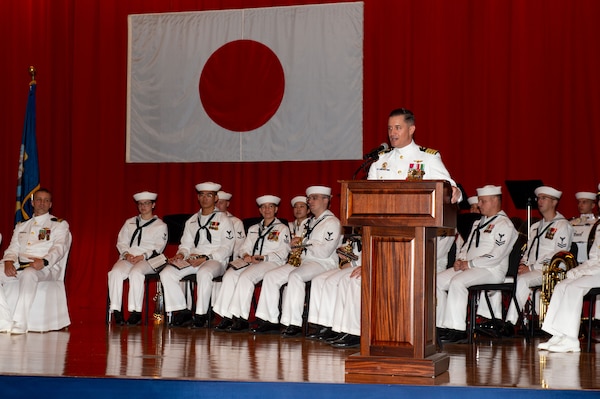 Capt. Nicholas DeLeo, outgoing commanding officer of U.S. 7th Fleet flagship USS Blue Ridge (LCC 19), speaks to attendees during the Blue Ridge change of command ceremony at Commander, Fleet Activities Yokosuka, Sept. 5, 2025. The Blue Ridge and embarked U.S. 7th Fleet staff conduct regular Indo-Pacific patrols to deter aggression, strengthen alliances and partnerships, and advance future warfighting capabilities. (U.S. Navy photo by Mass Communication Specialist 2nd Class Adam Craft)