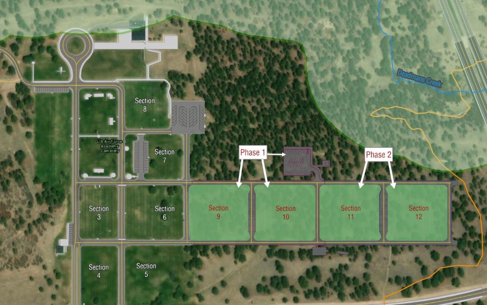 Graphic of the aerial view of the cemetery and its additions
